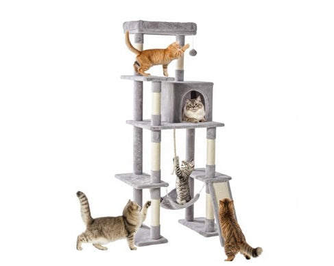 KFX-6134077 Multi-Story Cat Tree Tower with Hammock, Scratching Posts, and Extended Platform for Multiple Cats