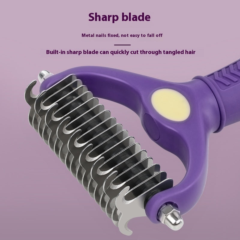 KFX-6134205 Double-Sided Knot Untying Comb for Dogs and Cats - Purple Plastic Pet Grooming Tool