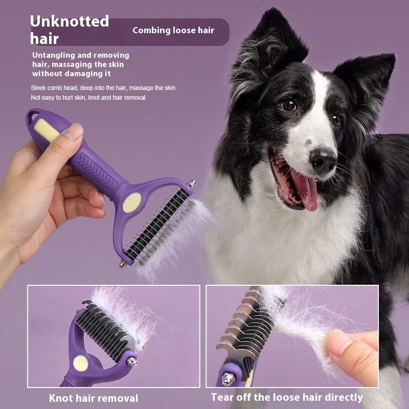 KFX-6134205 Double-Sided Knot Untying Comb for Dogs and Cats - Purple Plastic Pet Grooming Tool