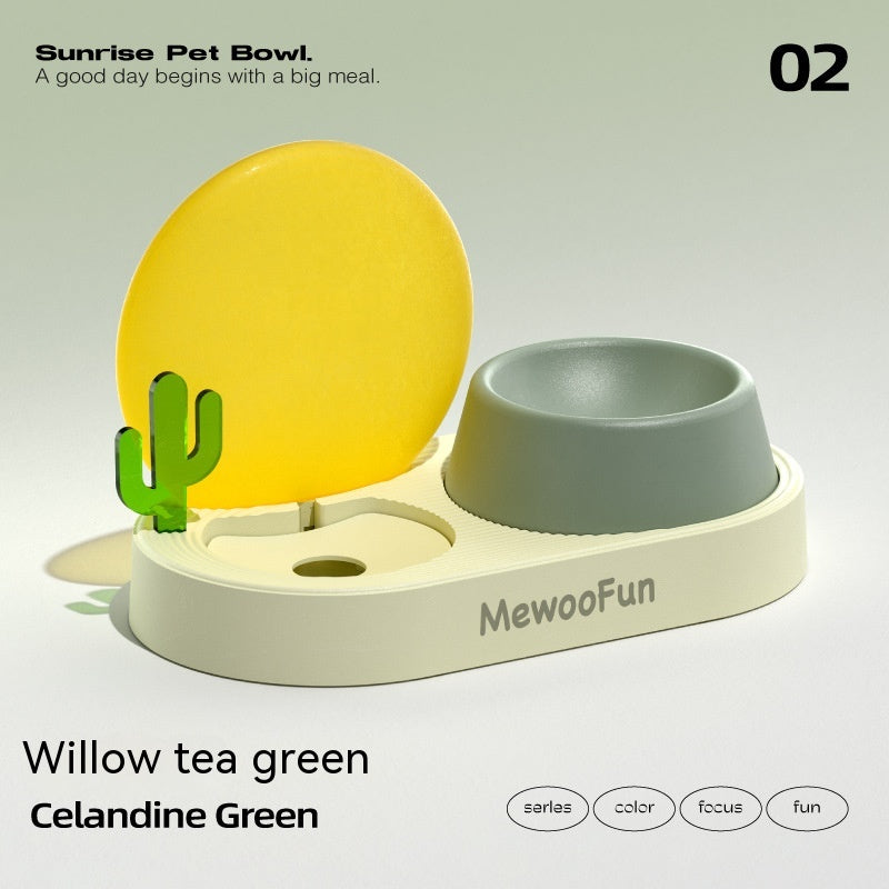 KFX-6134589 Cat Plastic Double Bowl Set - Water and Rice Basin with Kettle and Spoon in Light Wisteria and Willow Green Tea