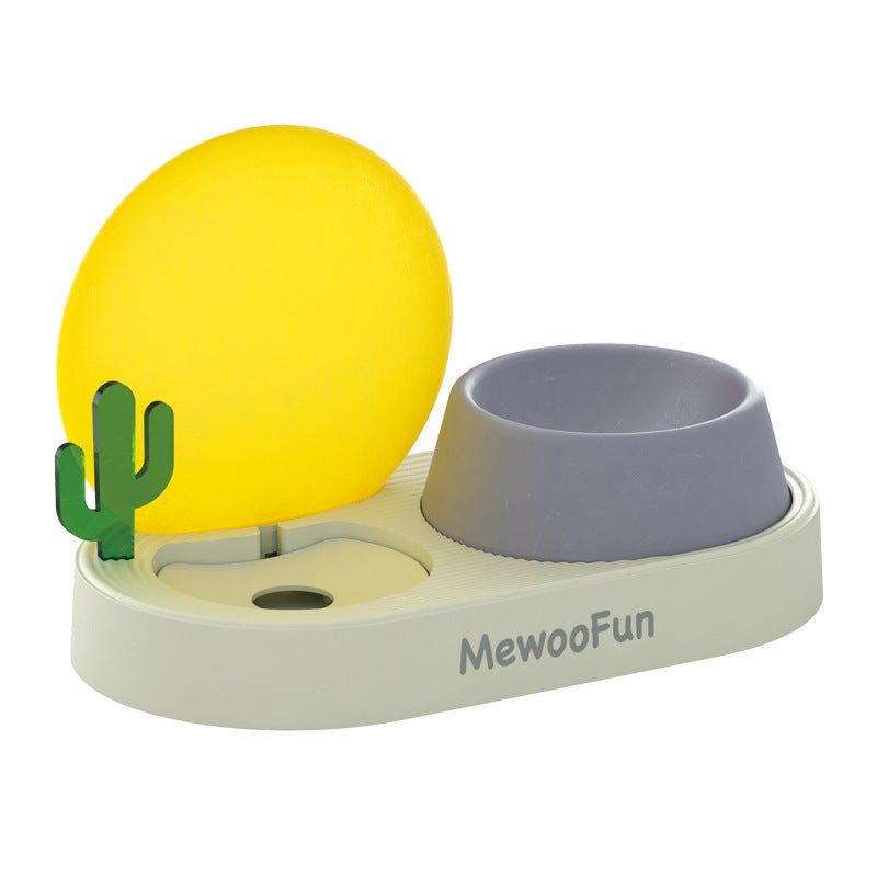 KFX-6134589 Cat Plastic Double Bowl Set - Water and Rice Basin with Kettle and Spoon in Light Wisteria and Willow Green Tea
