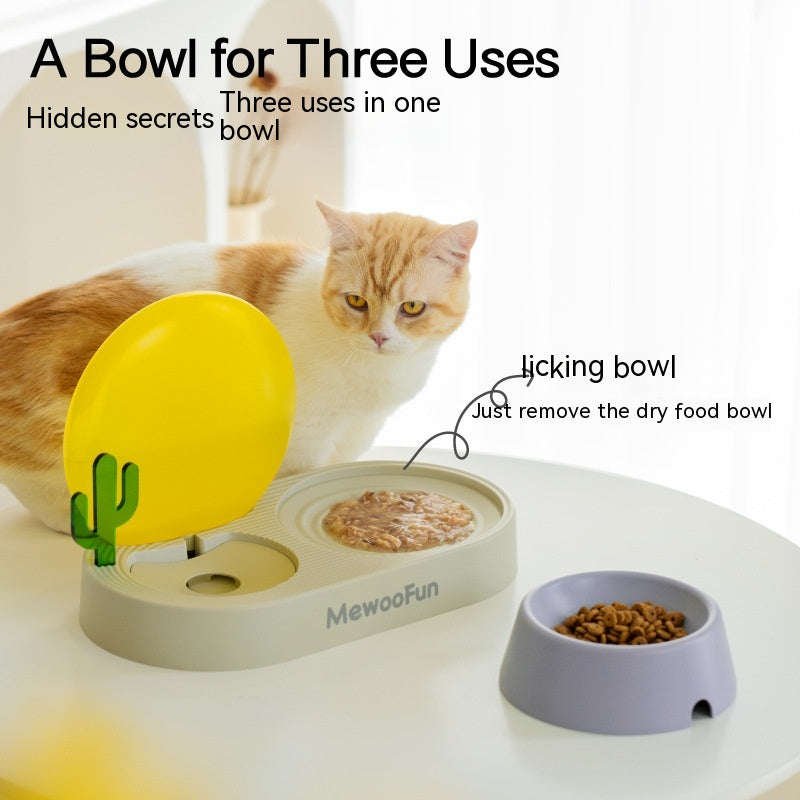 KFX-6134589 Cat Plastic Double Bowl Set - Water and Rice Basin with Kettle and Spoon in Light Wisteria and Willow Green Tea