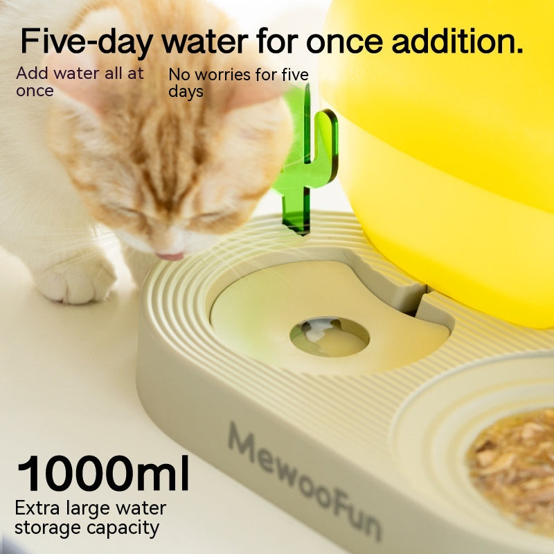 KFX-6134589 Cat Plastic Double Bowl Set - Water and Rice Basin with Kettle and Spoon in Light Wisteria and Willow Green Tea