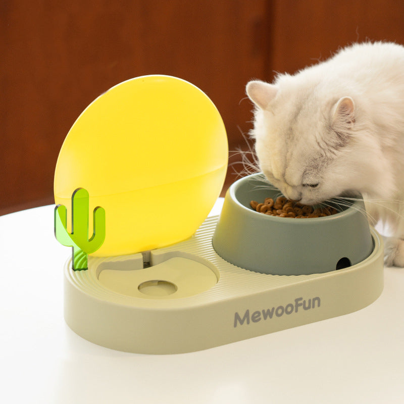 KFX-6134589 Cat Plastic Double Bowl Set - Water and Rice Basin with Kettle and Spoon in Light Wisteria and Willow Green Tea