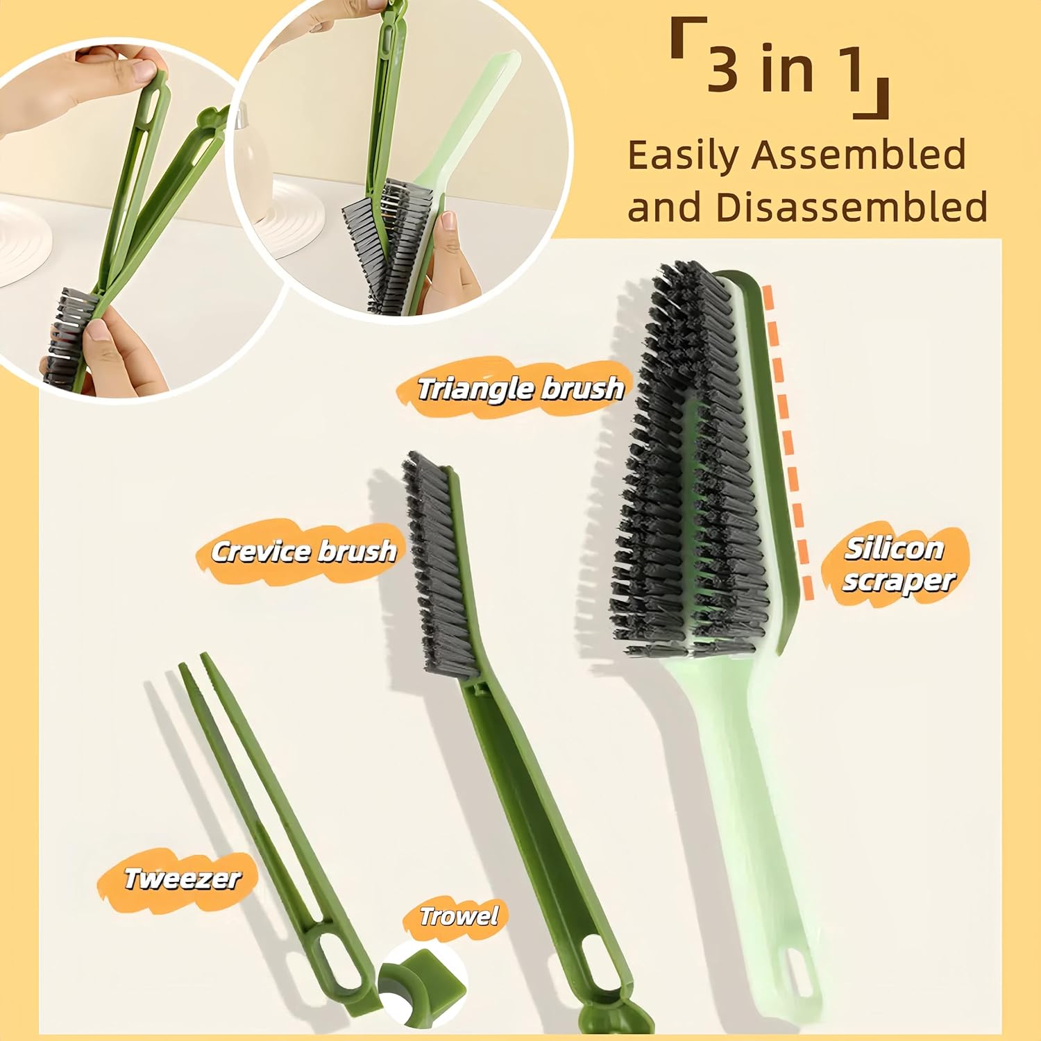 KFX-6135869 3-in-1 Multifunctional Detachable Cleaning Brush with Hard Bristle, Tweezer & Scraper for Home Use