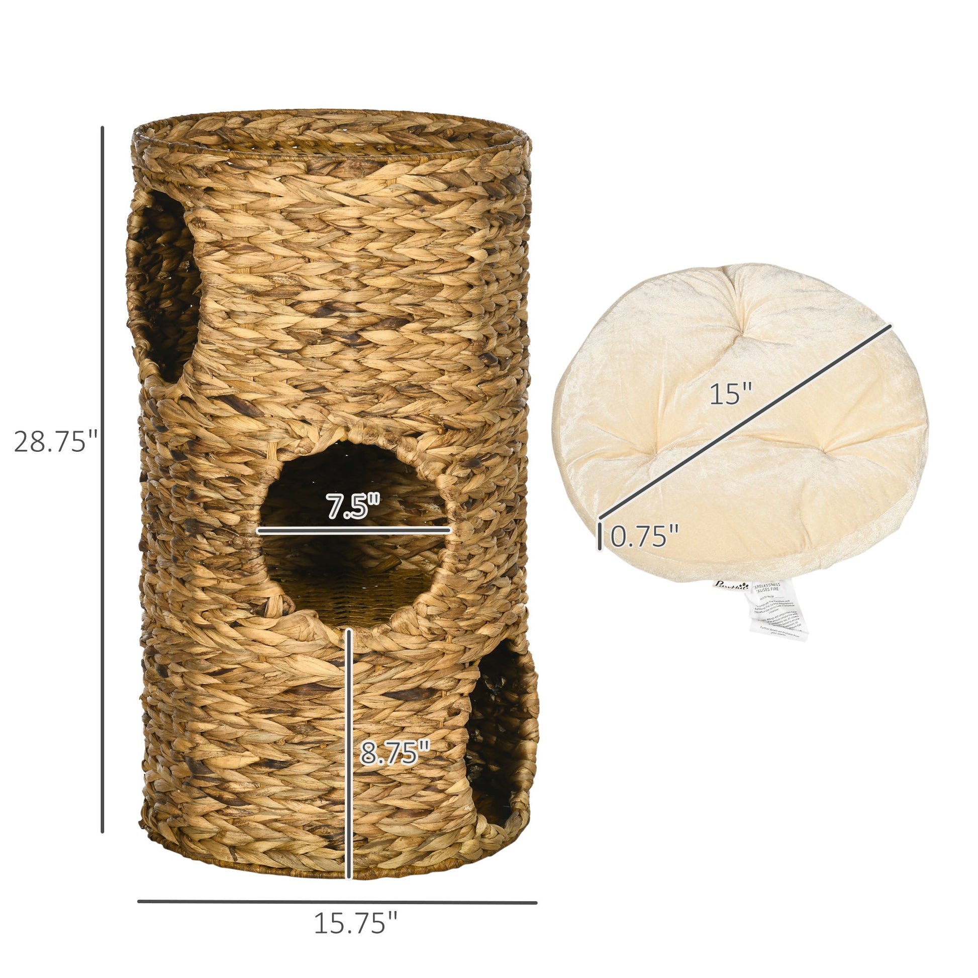 KFX-6142781 Multi-Layer Cat Tower with Three Hideaways & Plush Cushions, Hand-Woven Water Hyacinth Design