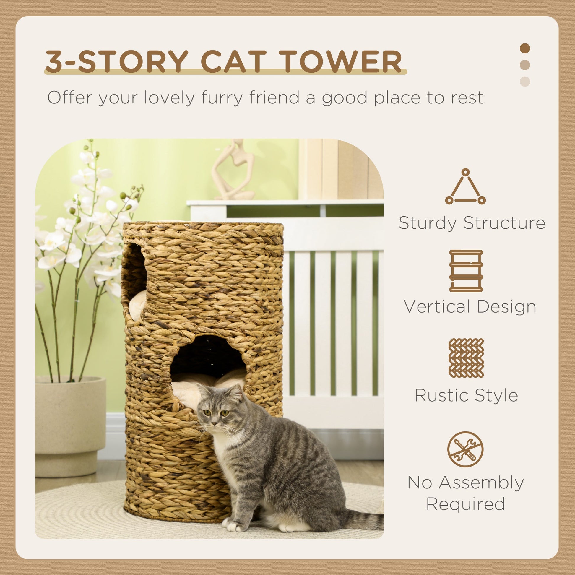 KFX-6142781 Multi-Layer Cat Tower with Three Hideaways & Plush Cushions, Hand-Woven Water Hyacinth Design