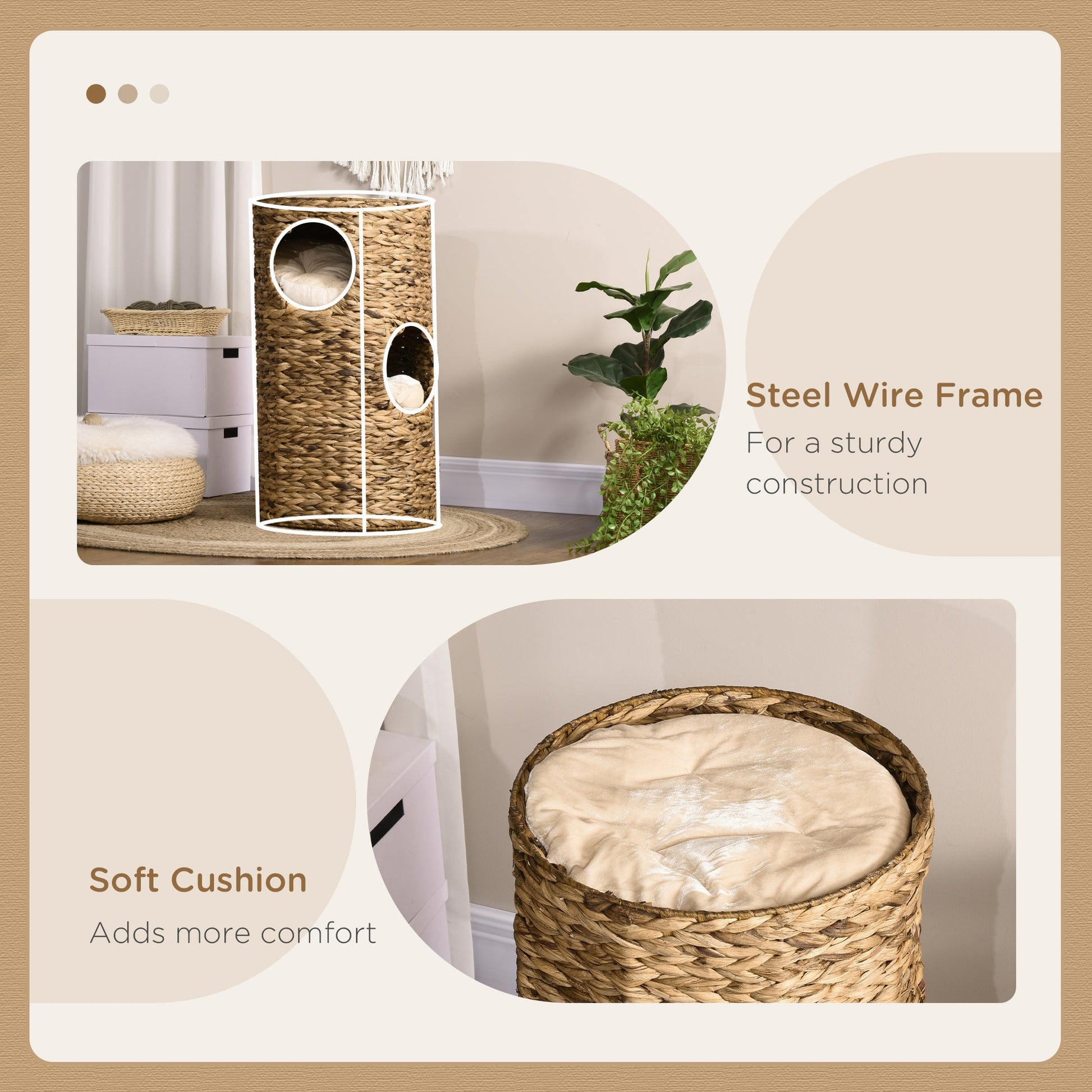 KFX-6142781 Multi-Layer Cat Tower with Three Hideaways & Plush Cushions, Hand-Woven Water Hyacinth Design
