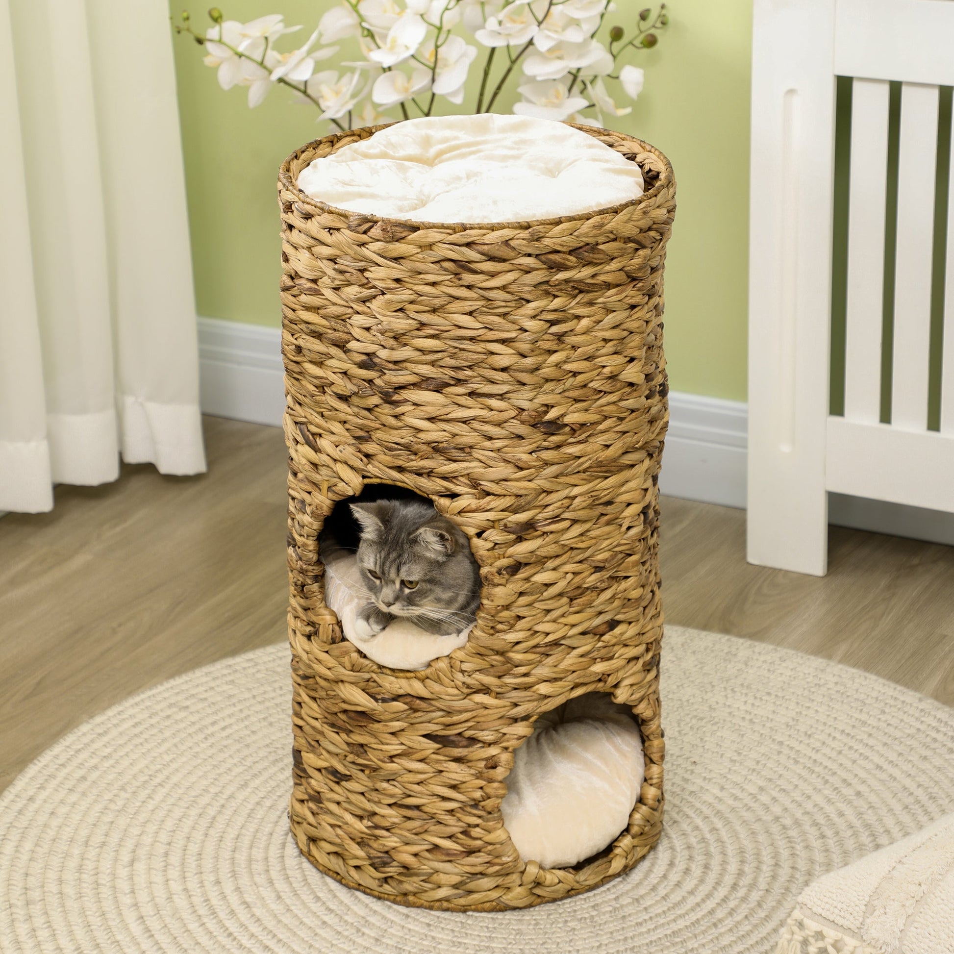 KFX-6142781 Multi-Layer Cat Tower with Three Hideaways & Plush Cushions, Hand-Woven Water Hyacinth Design