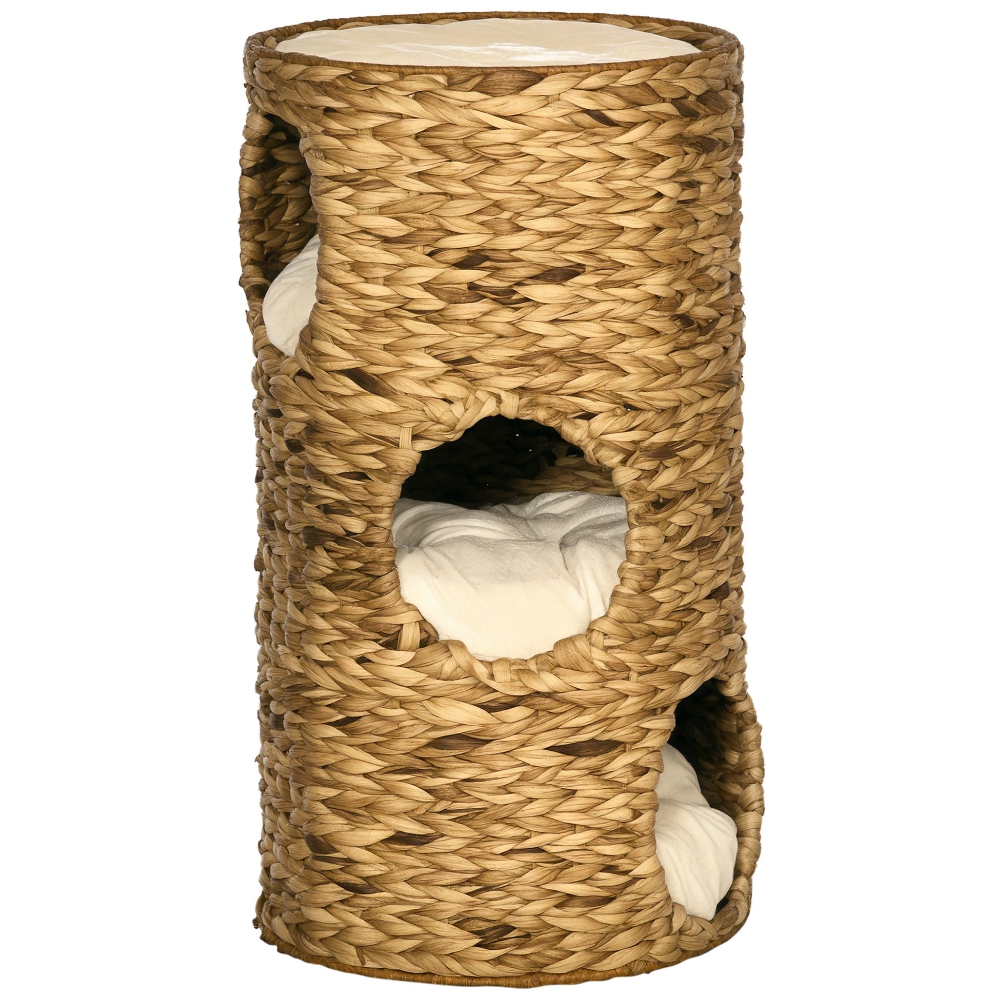 KFX-6142781 Multi-Layer Cat Tower with Three Hideaways & Plush Cushions, Hand-Woven Water Hyacinth Design