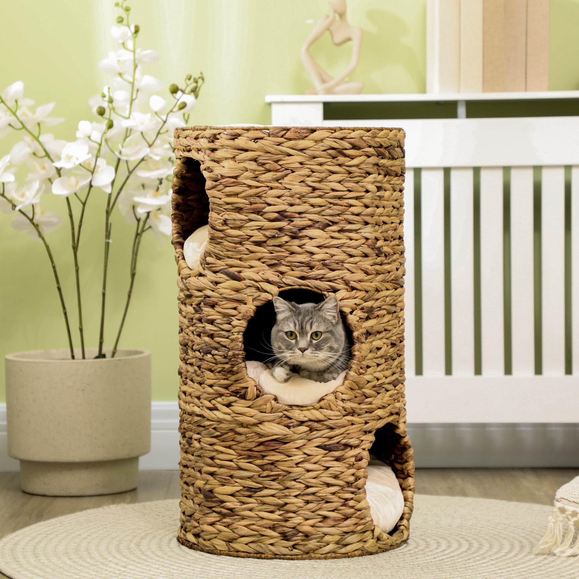 KFX-6142781 Multi-Layer Cat Tower with Three Hideaways & Plush Cushions, Hand-Woven Water Hyacinth Design
