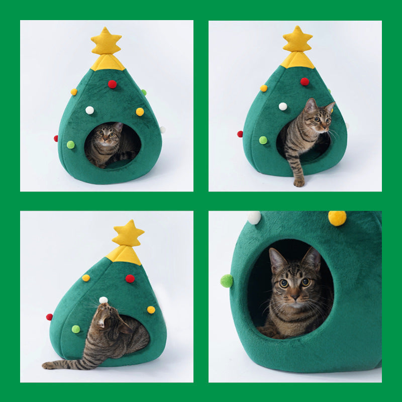 KFX-6147389 Plush Teddy Pet Bed Cave for Cats and Dogs - Detachable and Washable, Warm Tree Shape Nest