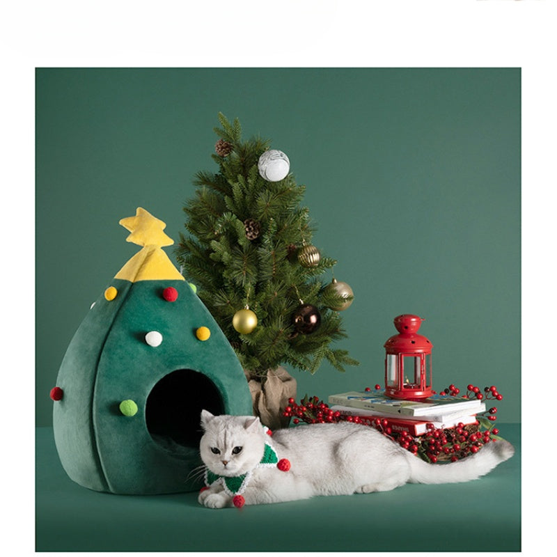 KFX-6147389 Plush Teddy Pet Bed Cave for Cats and Dogs - Detachable and Washable, Warm Tree Shape Nest