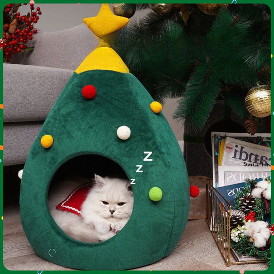 KFX-6147389 Plush Teddy Pet Bed Cave for Cats and Dogs - Detachable and Washable, Warm Tree Shape Nest