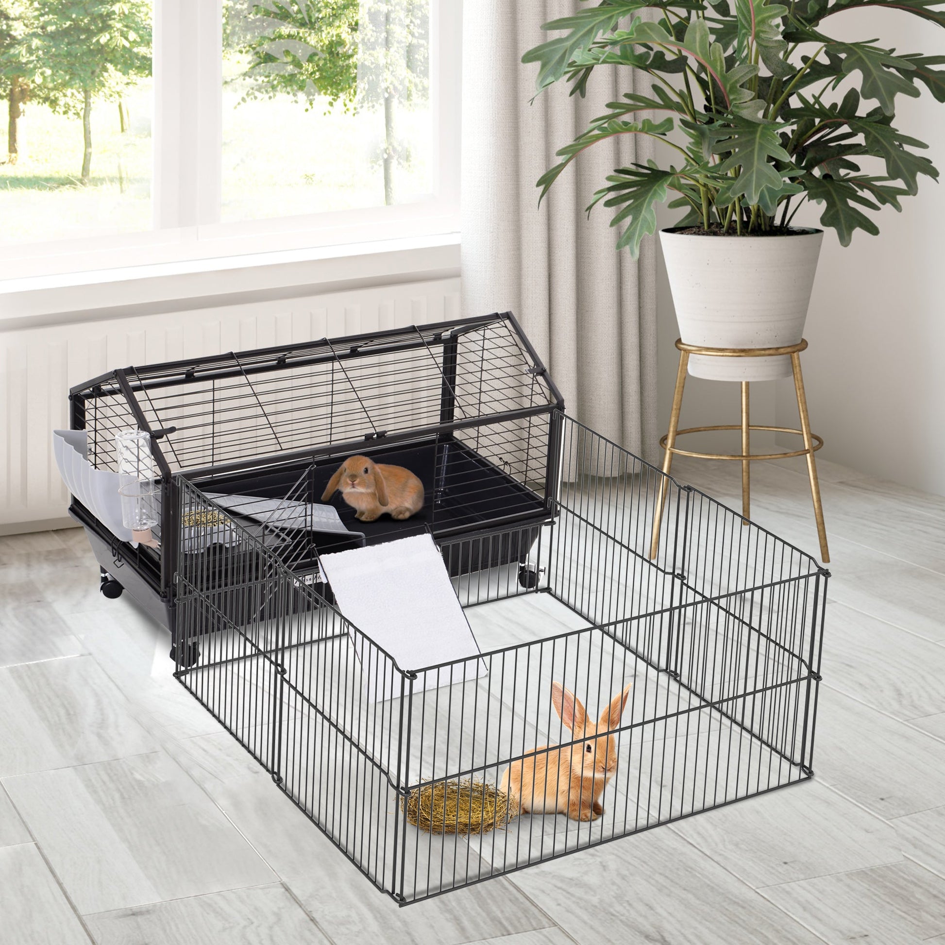 KFX-6153533 Indoor Small Animal Cage with Wheels for Bunnies, Guinea Pigs, and Hedgehogs - Spacious Playpen with Locking Door