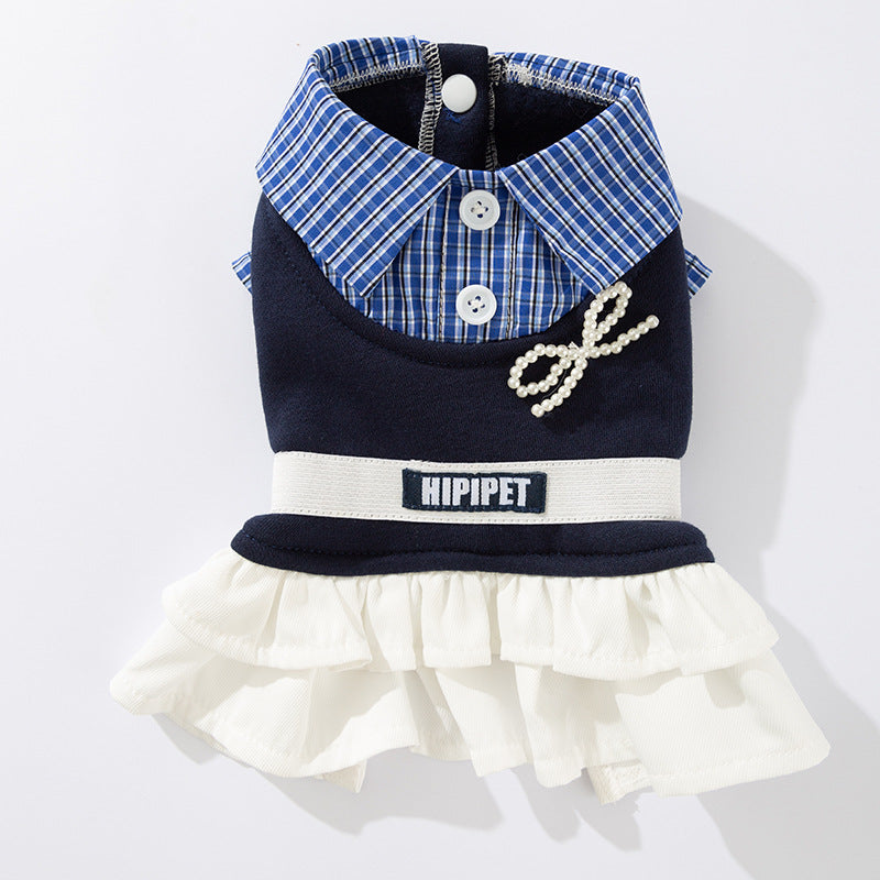 KFX-6154429 Preppy Pet Dress with Ruffles for Dogs & Cats in Red Plaid and Navy Styles