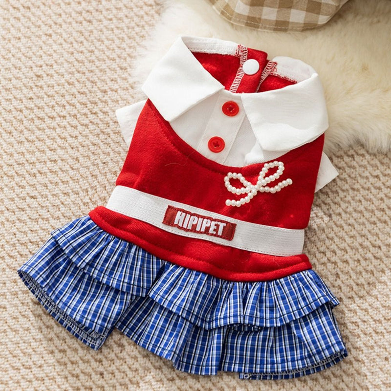 KFX-6154429 Preppy Pet Dress with Ruffles for Dogs & Cats in Red Plaid and Navy Styles