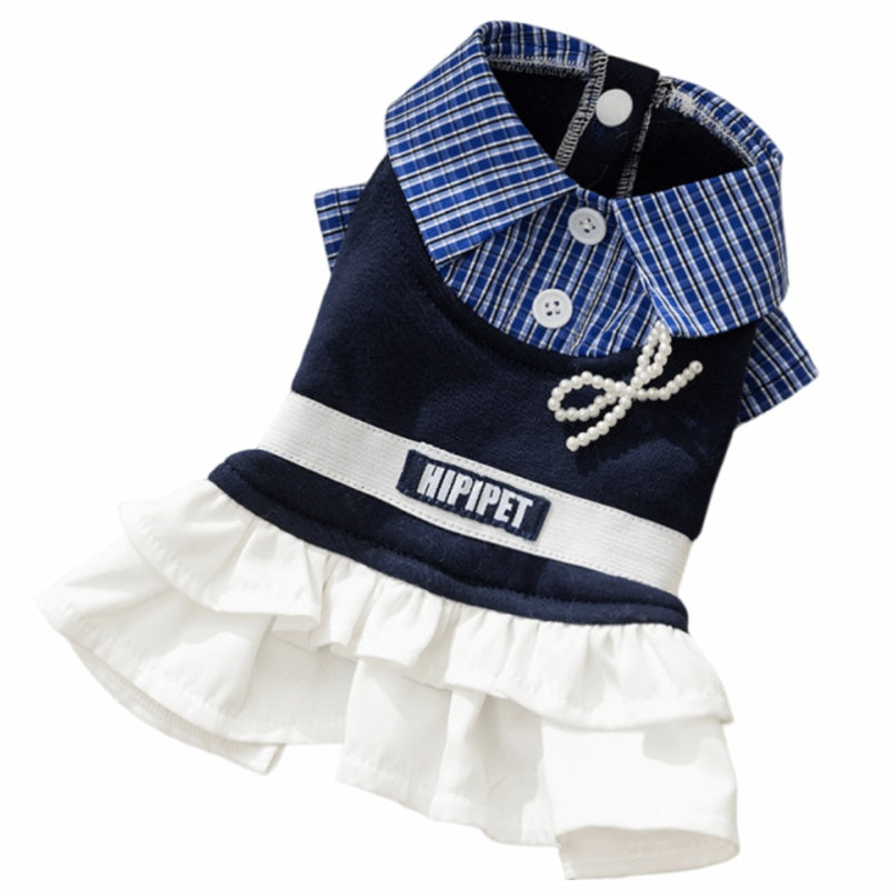 KFX-6154429 Preppy Pet Dress with Ruffles for Dogs & Cats in Red Plaid and Navy Styles
