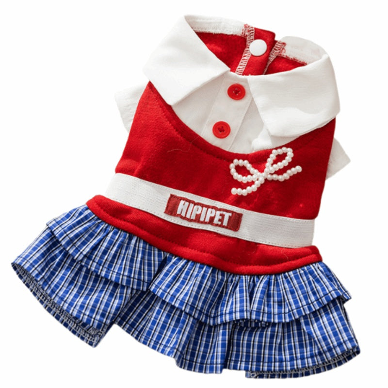 KFX-6154429 Preppy Pet Dress with Ruffles for Dogs & Cats in Red Plaid and Navy Styles