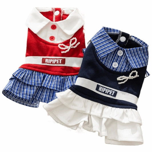 KFX-6154429 Preppy Pet Dress with Ruffles for Dogs & Cats in Red Plaid and Navy Styles