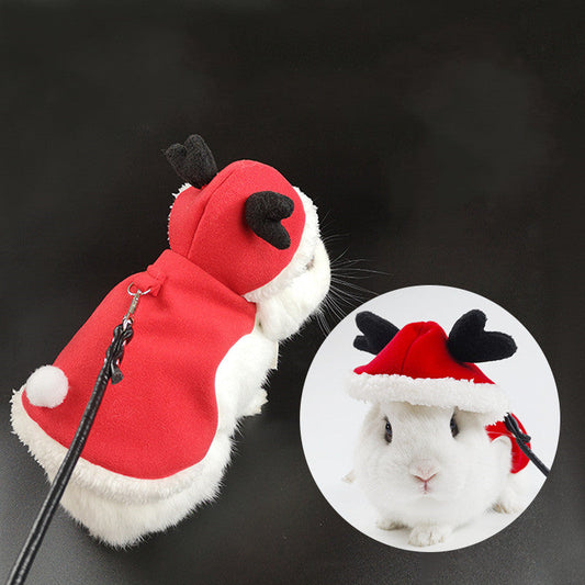 KFX-6165949 Rabbit Vest-Style Traction Rope Outfit for Guinea Pigs, Chinchillas, and Pet Rabbits - Stylish Lace Bow Design in Christmas Theme