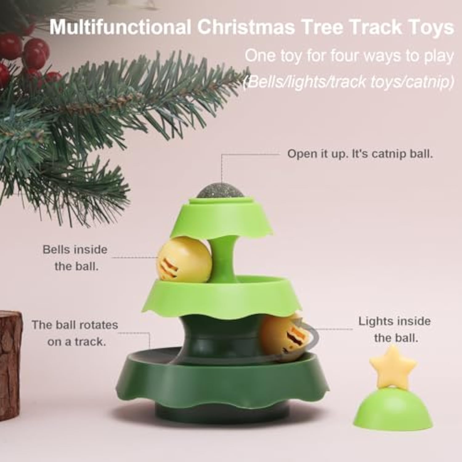 KFX-6168637 Tree-Shaped Interactive Cat Toy with Catnip Balls - 2-Level Roller Track for Indoor Cats