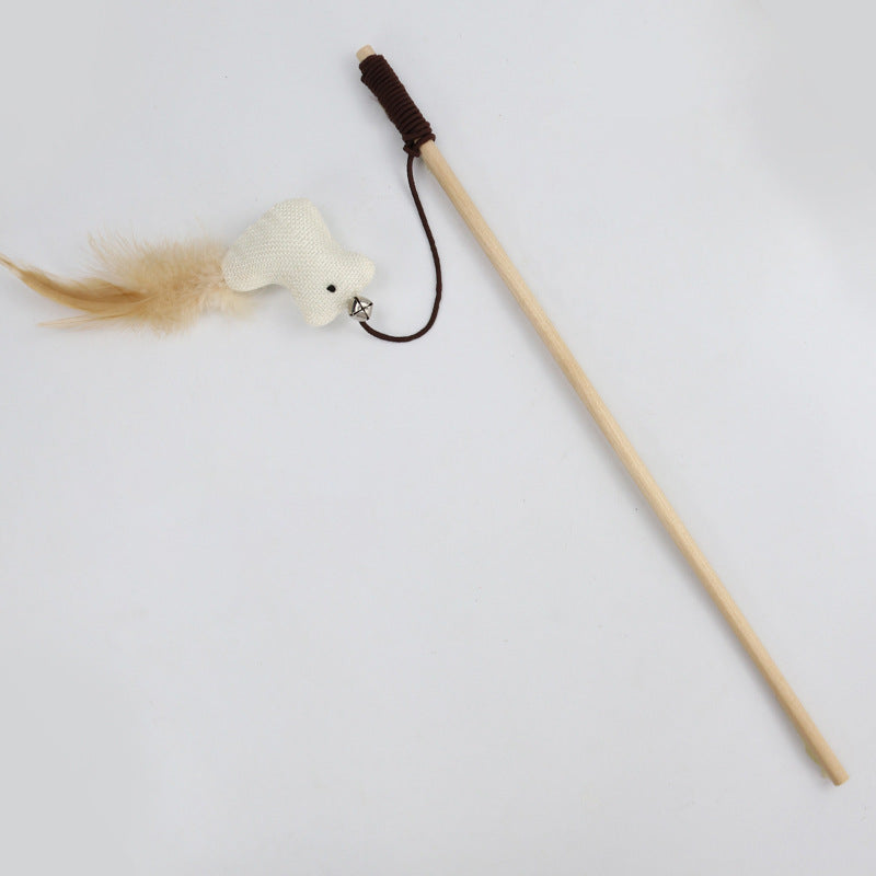 KFX-6171965 Cat Pole Toy with Feather and Bell, 40cm Wooden Teaser for Playtime Fun