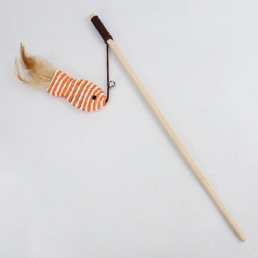 KFX-6171965 Cat Pole Toy with Feather and Bell, 40cm Wooden Teaser for Playtime Fun