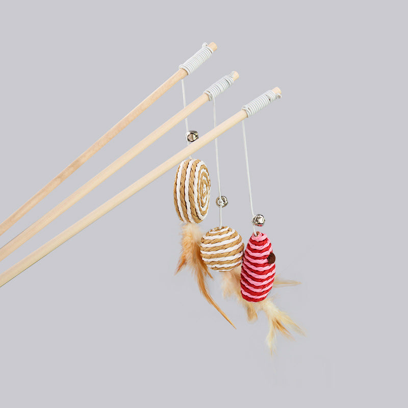 KFX-6171965 Cat Pole Toy with Feather and Bell, 40cm Wooden Teaser for Playtime Fun