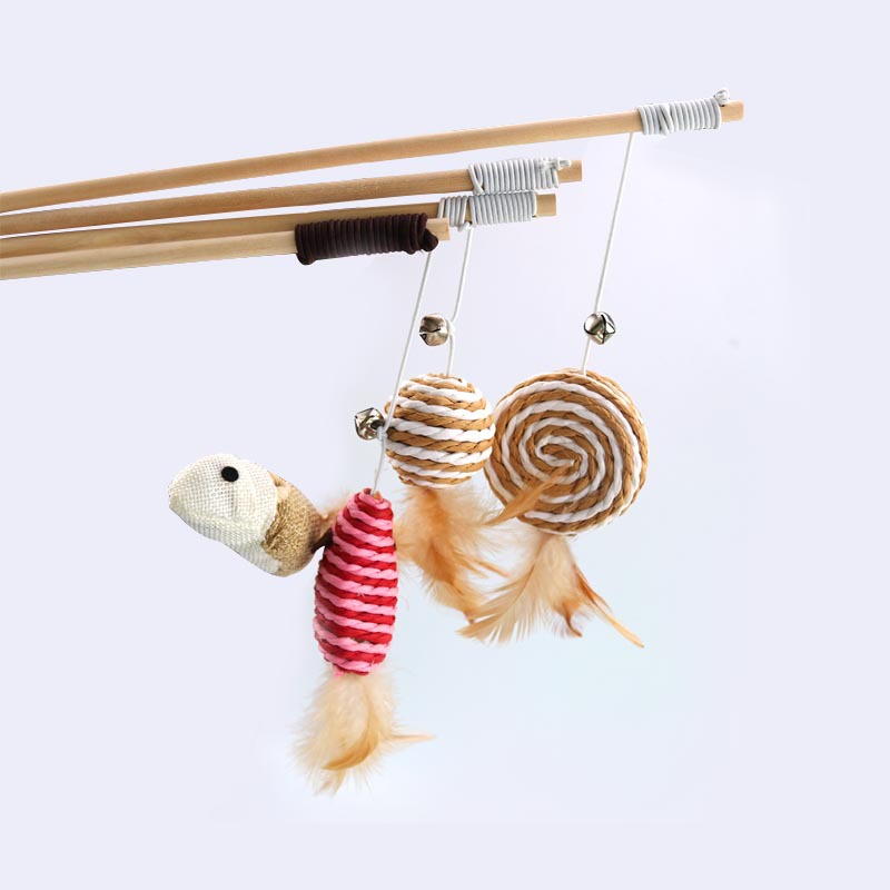 KFX-6171965 Cat Pole Toy with Feather and Bell, 40cm Wooden Teaser for Playtime Fun