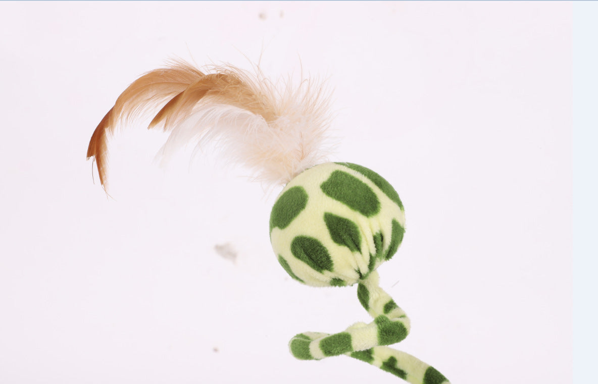 KFX-6176573 Spring Snake Plush Cat Toy with Feather and Ball, Leopard Green, 25 cm Height