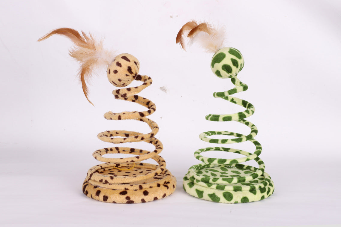 KFX-6176573 Spring Snake Plush Cat Toy with Feather and Ball, Leopard Green, 25 cm Height