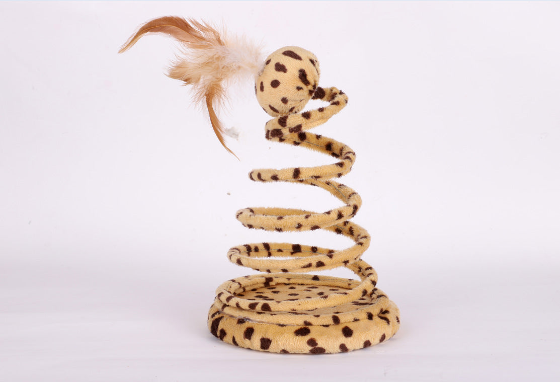 KFX-6176573 Spring Snake Plush Cat Toy with Feather and Ball, Leopard Green, 25 cm Height