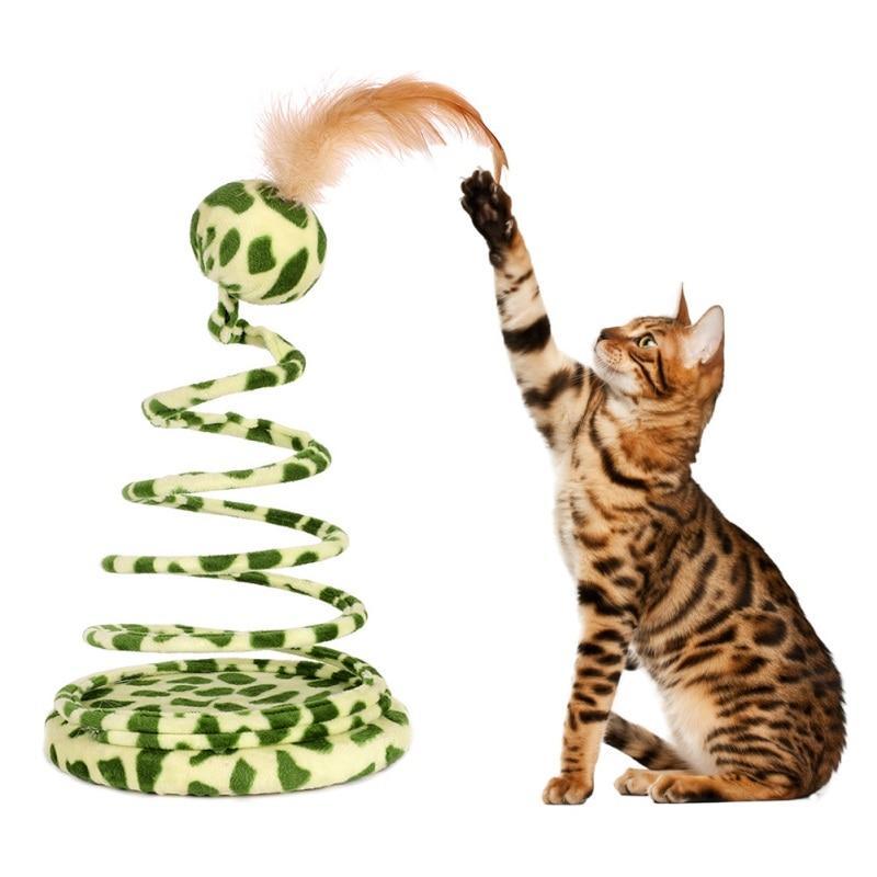 KFX-6176573 Spring Snake Plush Cat Toy with Feather and Ball, Leopard Green, 25 cm Height