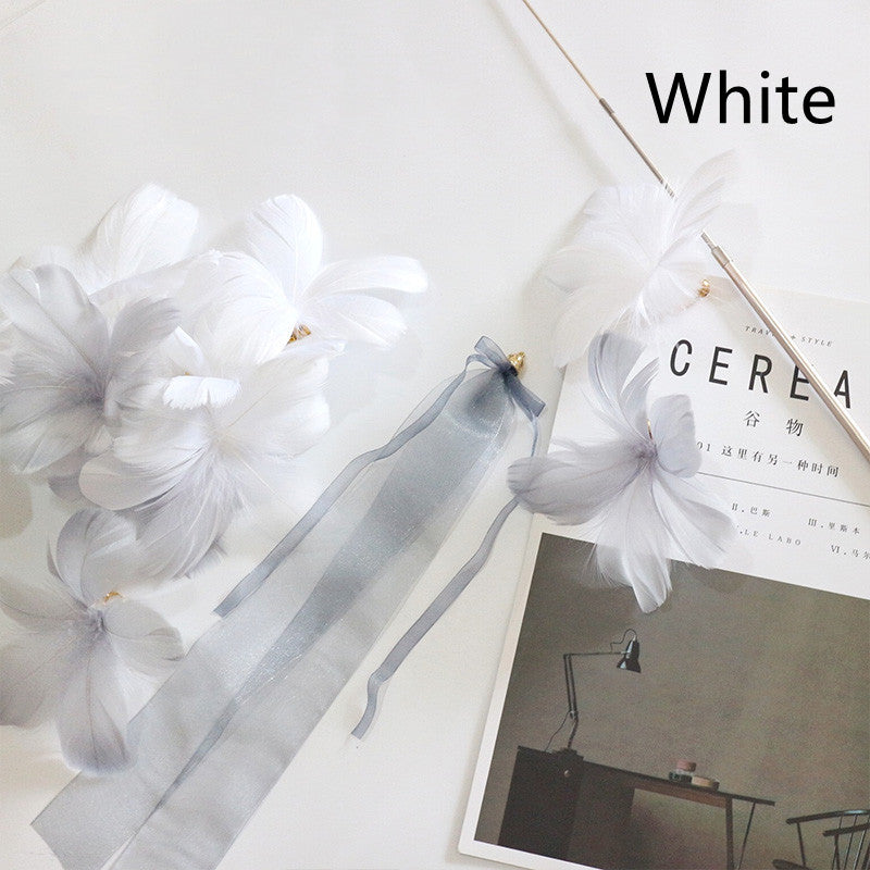 KFX-6177725 Telescopic Rod with Ribbon and Flower Replacement Head - White & Grey Blossoms Set