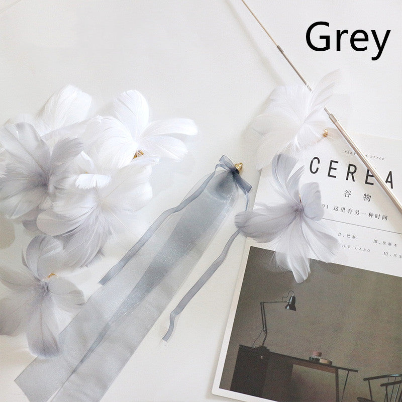 KFX-6177725 Telescopic Rod with Ribbon and Flower Replacement Head - White & Grey Blossoms Set