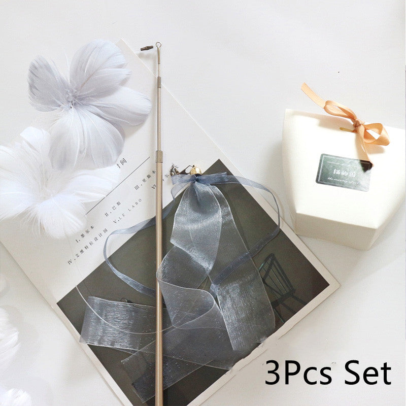 KFX-6177725 Telescopic Rod with Ribbon and Flower Replacement Head - White & Grey Blossoms Set