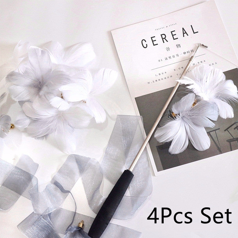 KFX-6177725 Telescopic Rod with Ribbon and Flower Replacement Head - White & Grey Blossoms Set
