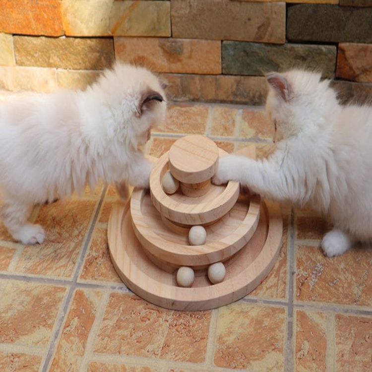 KFX-6189245 Three-Layer Wooden Cat Turntable Toy with Imported Pine Balls, Simple Atmosphere Design