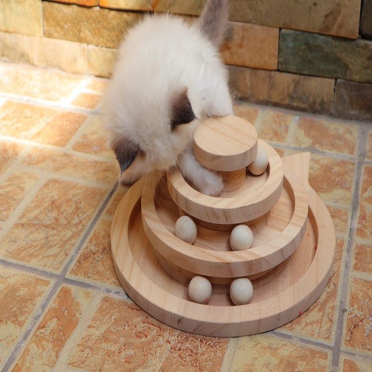 KFX-6189245 Three-Layer Wooden Cat Turntable Toy with Imported Pine Balls, Simple Atmosphere Design