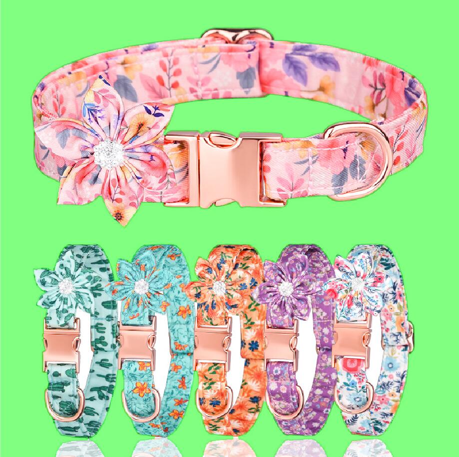 KFX-6190397 Detachable Hexapetalous Flowers Dog Collar - Soft Cotton, Adjustable Sizes in Orange, Blue, and Gray