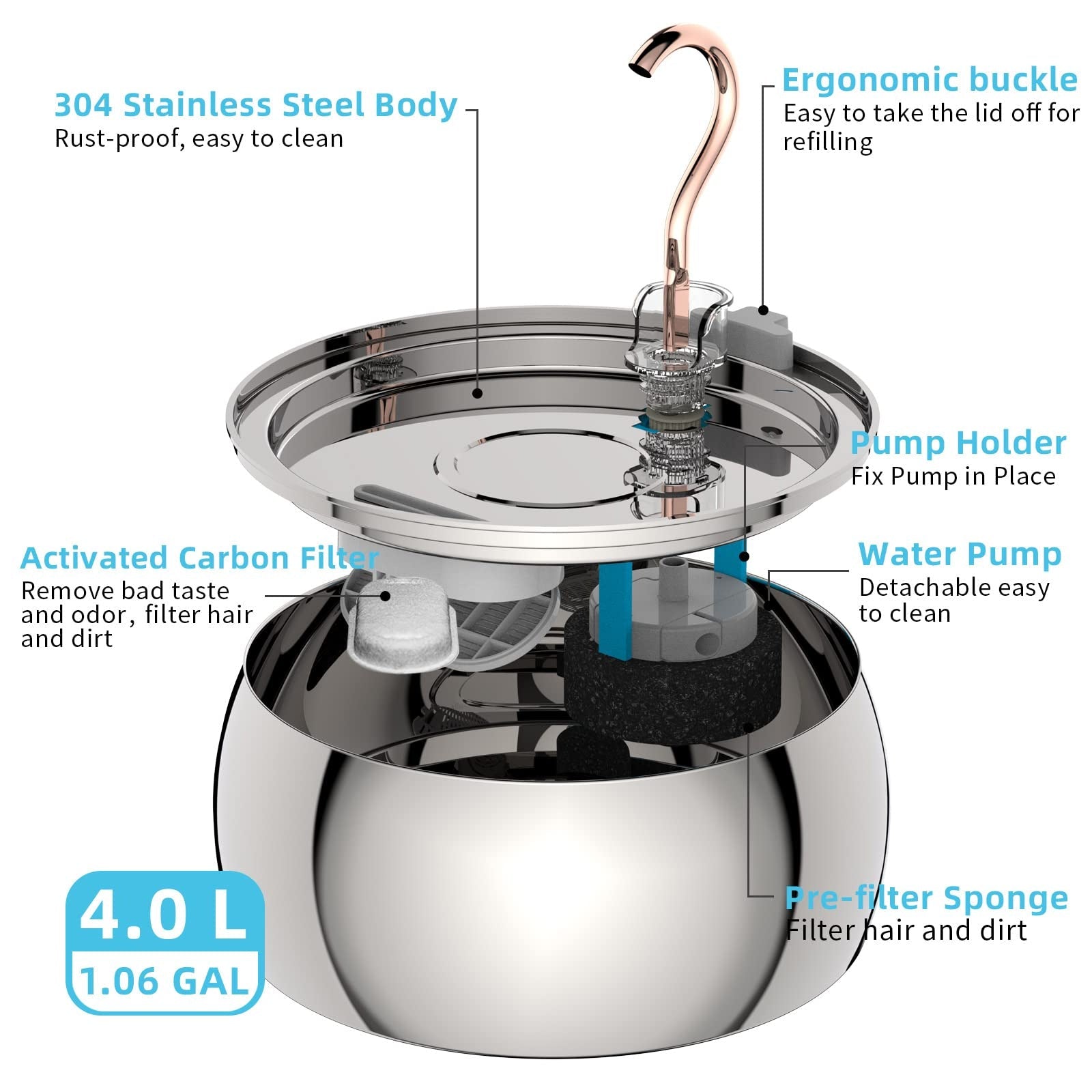 KFX-6194237 4L Stainless Steel Gooseneck Water Dispenser with Copper Tube for Cats and Dogs