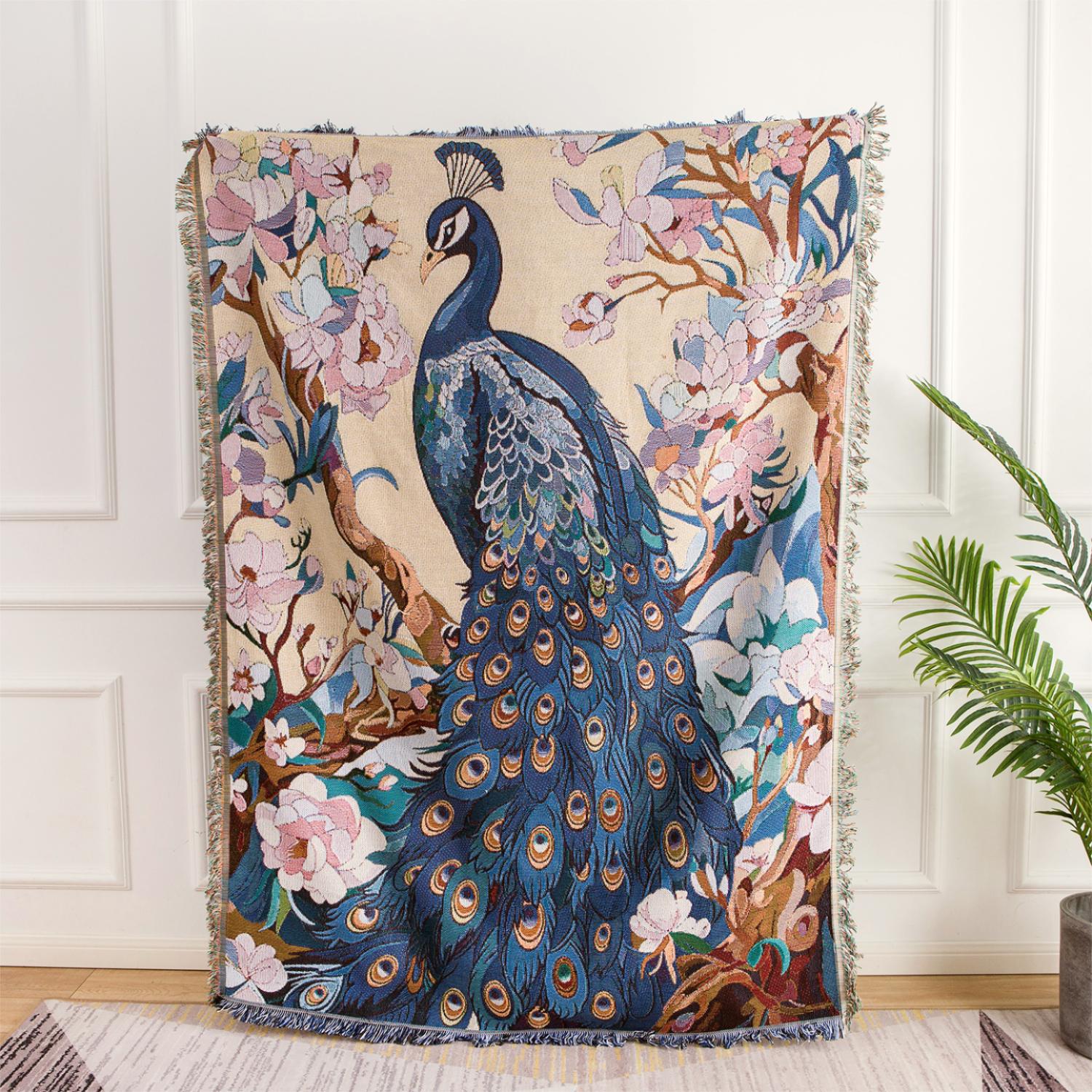 KFX-6195005 Nordic Style Leisure Blanket in Blue Peacock and Green Peacock – Soft Polyester, Multiple Sizes Available