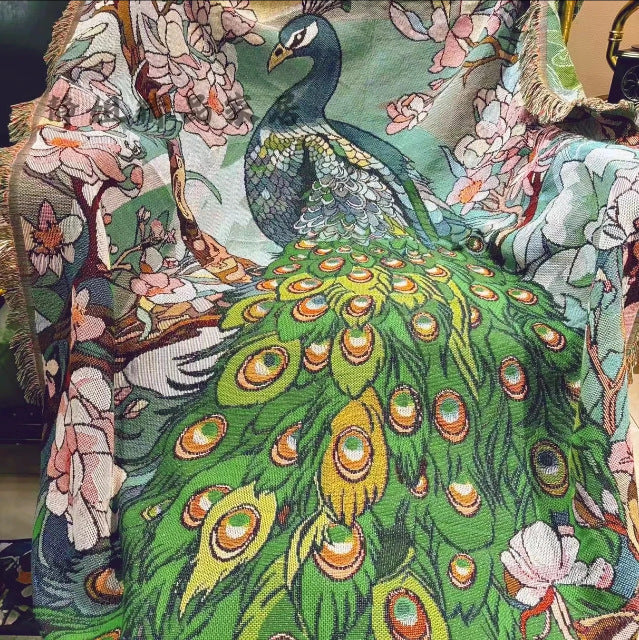 KFX-6195005 Nordic Style Leisure Blanket in Blue Peacock and Green Peacock – Soft Polyester, Multiple Sizes Available