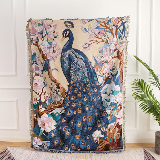 KFX-6195005 Nordic Style Leisure Blanket in Blue Peacock and Green Peacock – Soft Polyester, Multiple Sizes Available