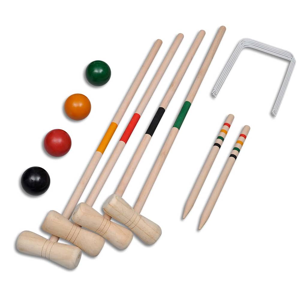 KFX-6197437 Wooden Croquet Set for 4 Players – Includes Mallets, Balls, Hoops, and Stakes