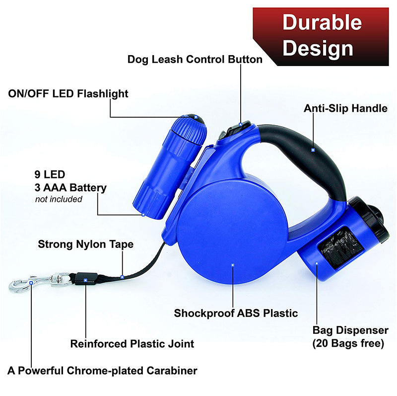 KFX-6197949 Retractable 4.5m Dog Leash with LED Light and Waste Bag Dispenser