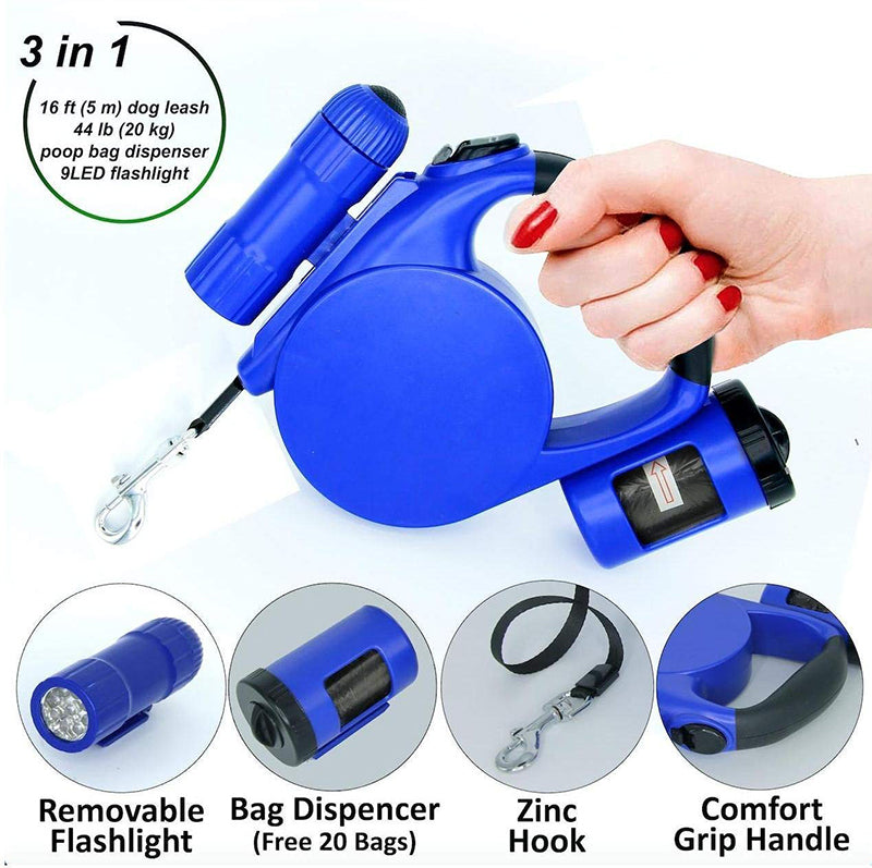 KFX-6197949 Retractable 4.5m Dog Leash with LED Light and Waste Bag Dispenser