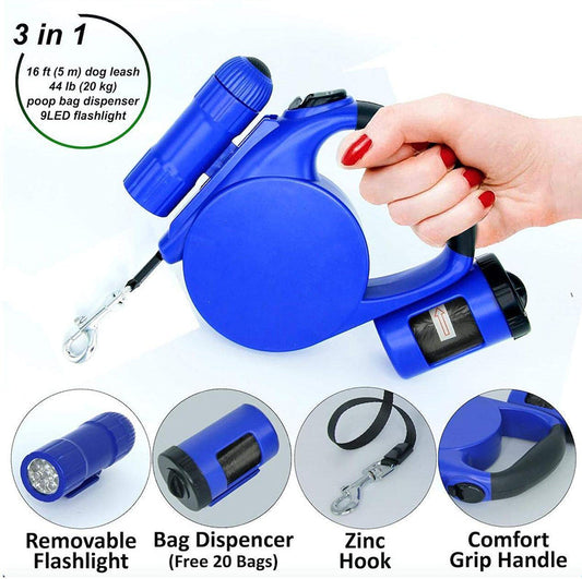 KFX-6197949 Retractable 4.5m Dog Leash with LED Light and Waste Bag Dispenser