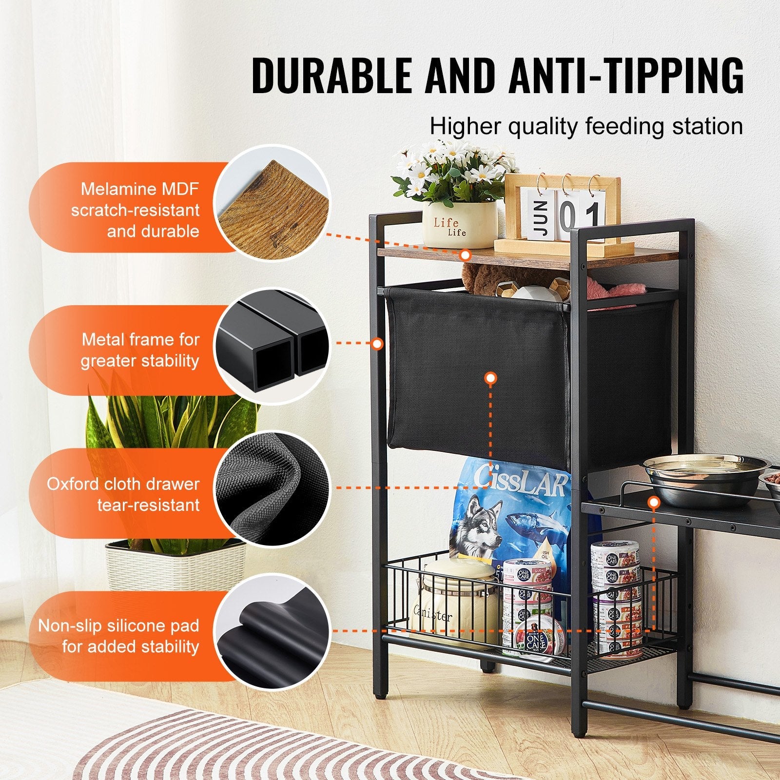 KFX-6199613 Elevated Pet Feeding Station with Storage for Bowls, Toys, and Treats, Adjustable Height Design for All Dog Sizes